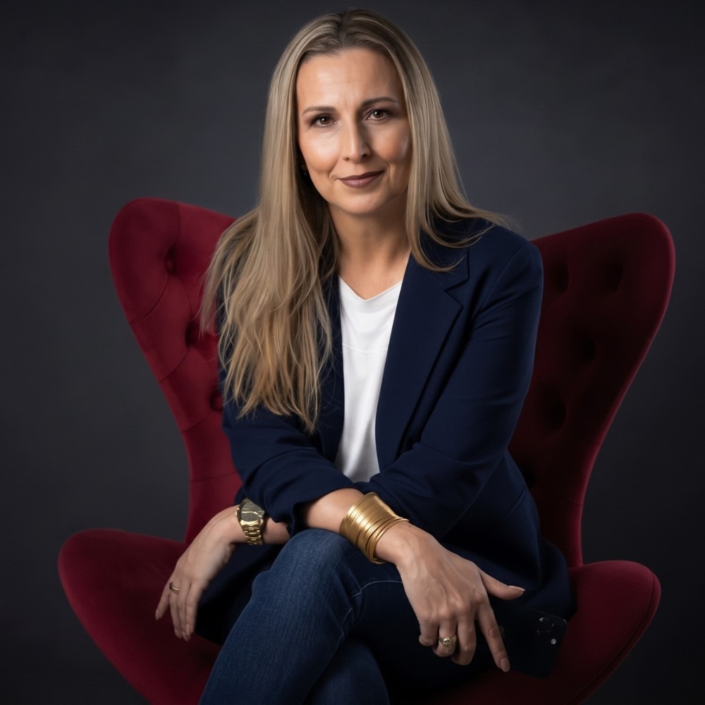 Danielle Fuchs sentada em poltrona vermelha, de blazer azul-marinho